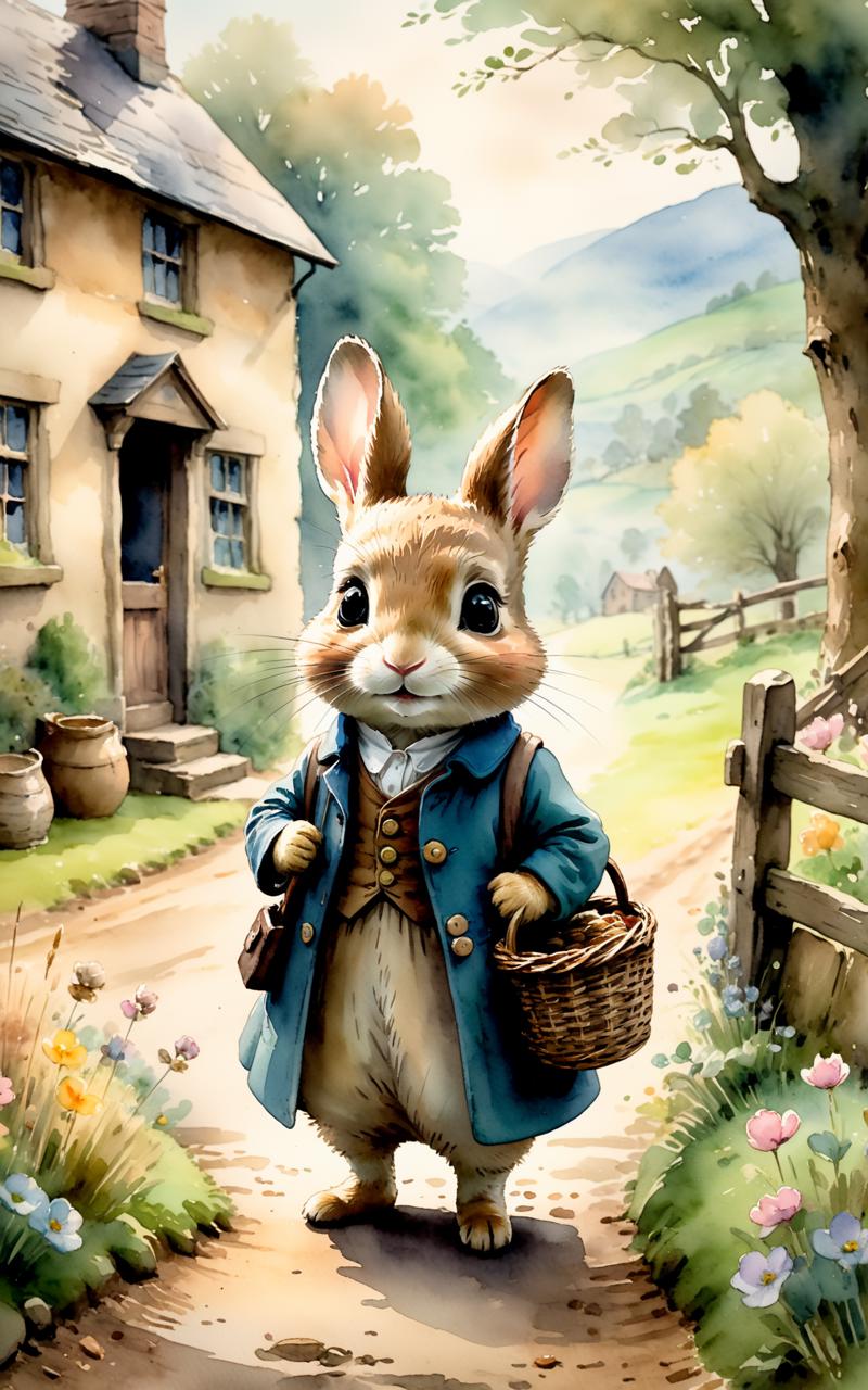 05149-2888159138-cinematic still Beatrix Potter style watercolor. Chibi style, they are in a rural school, a landscape of pastel colors, emotiona.png